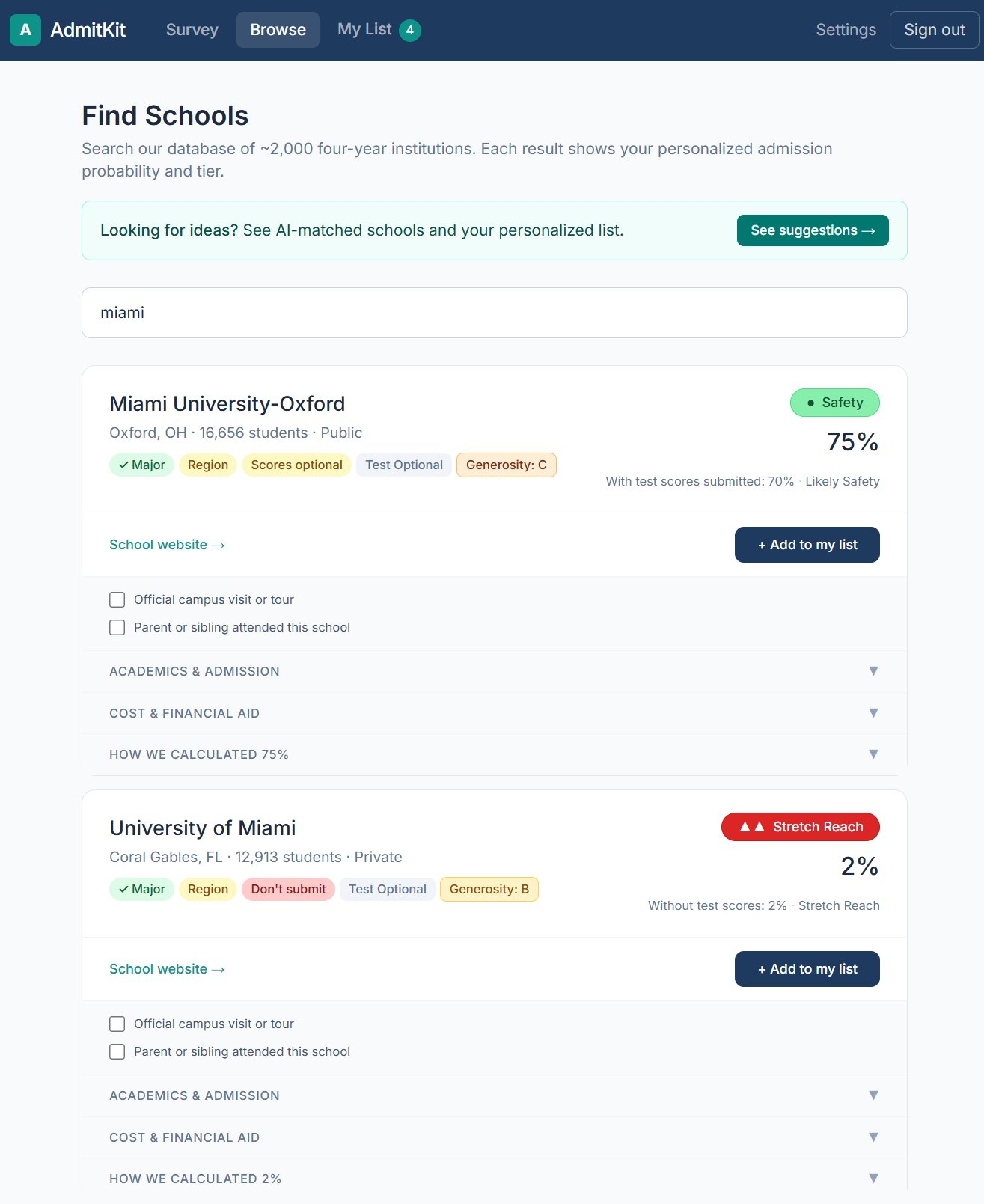 AdmitKit Browse Schools view showing ~2,000 schools with personalized admission probabilities and Safety, Target, Stretch Reach tier badges